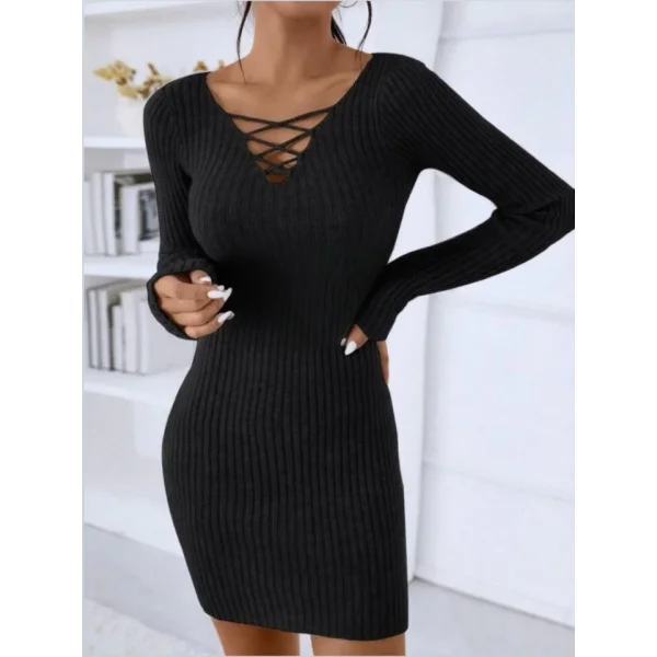 Kadın Uzun Kollu V Yakalı çapraz şerit Detaylı şardonlu Kaşkorse Midi Elbise