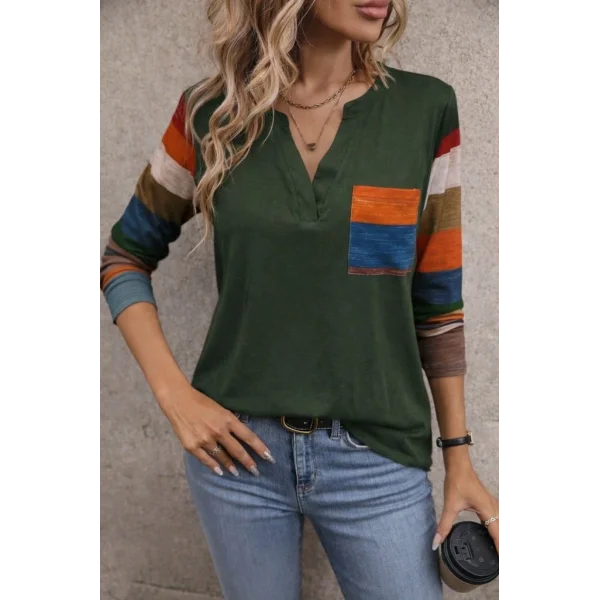 Kadın Uzun Kollu V Yakalı Cepli çok Renkli Viskon Bluz