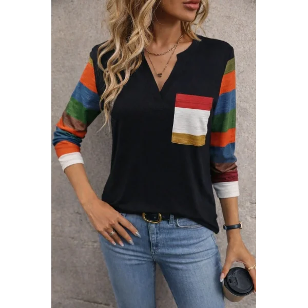 Kadın Uzun Kollu V Yakalı Cepli çok Renkli Viskon Bluz