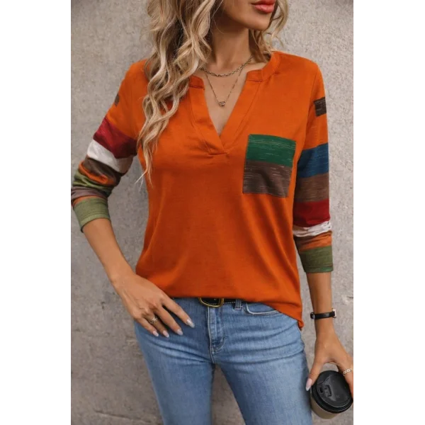 Kadın Uzun Kollu V Yakalı Cepli çok Renkli Viskon Bluz