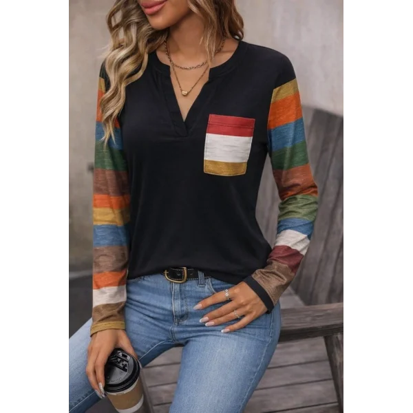 Kadın Uzun Kollu V Yakalı Cepli çok Renkli Viskon Bluz
