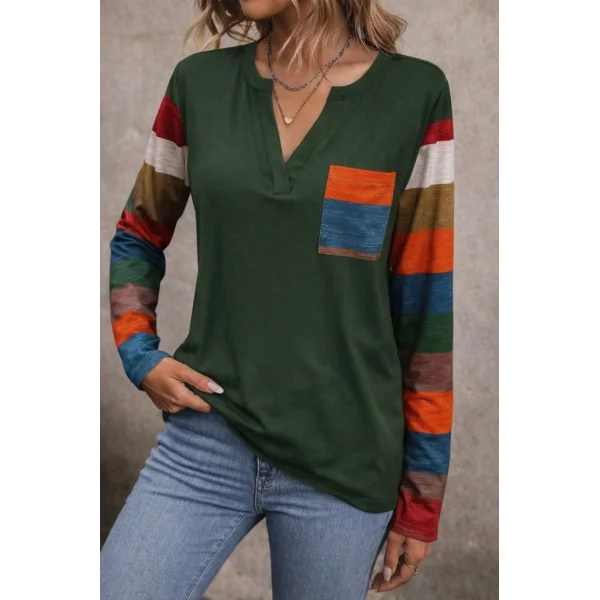 Kadın Uzun Kollu V Yakalı Cepli çok Renkli Viskon Bluz