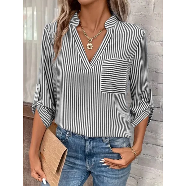 Kadın Uzun Kollu V Yakalı Cepli Dokuma Gömlek