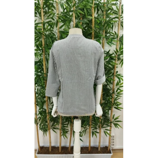 Kadın Uzun Kollu V Yakalı Cepli Dokuma Gömlek