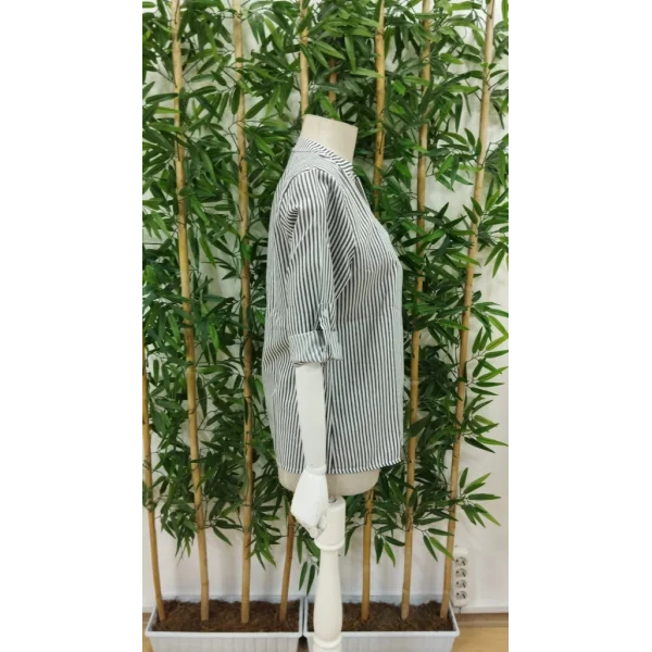 Kadın Uzun Kollu V Yakalı Cepli Dokuma Gömlek