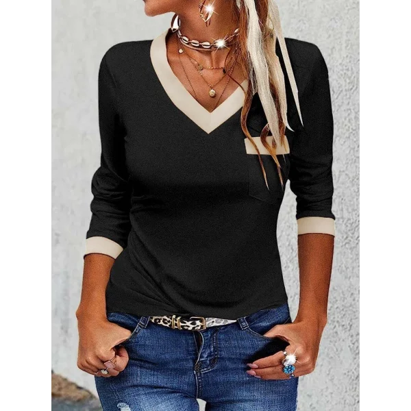 Kadın Uzun Kollu V Yakalı Cepli Viskon Iki Iplik Bluz