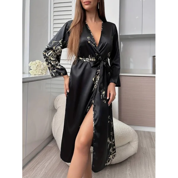 Kadın Uzun Kollu V Yakalı çiçek Baskılı Belden Kuşaklı Midi Saten Gecelik
