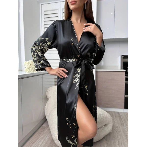 Kadın Uzun Kollu V Yakalı çiçek Baskılı Belden Kuşaklı Midi Saten Gecelik