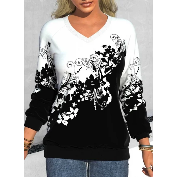 Kadın Uzun Kollu V Yakalı çiçek Baskılı şardonlu Dalgıç Bluz