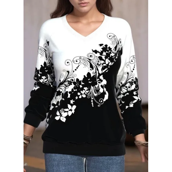 Kadın Uzun Kollu V Yakalı çiçek Baskılı şardonlu Dalgıç Bluz
