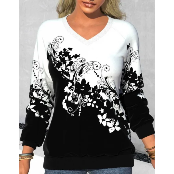 Kadın Uzun Kollu V Yakalı çiçek Baskılı şardonlu Dalgıç Bluz
