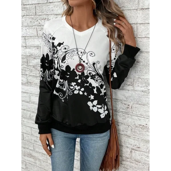 Kadın Uzun Kollu V Yakalı çiçek Baskılı şardonlu Dalgıç Bluz