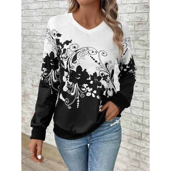 Kadın Uzun Kollu V Yakalı çiçek Baskılı şardonlu Dalgıç Bluz