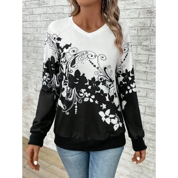 Kadın Uzun Kollu V Yakalı çiçek Baskılı şardonlu Dalgıç Bluz