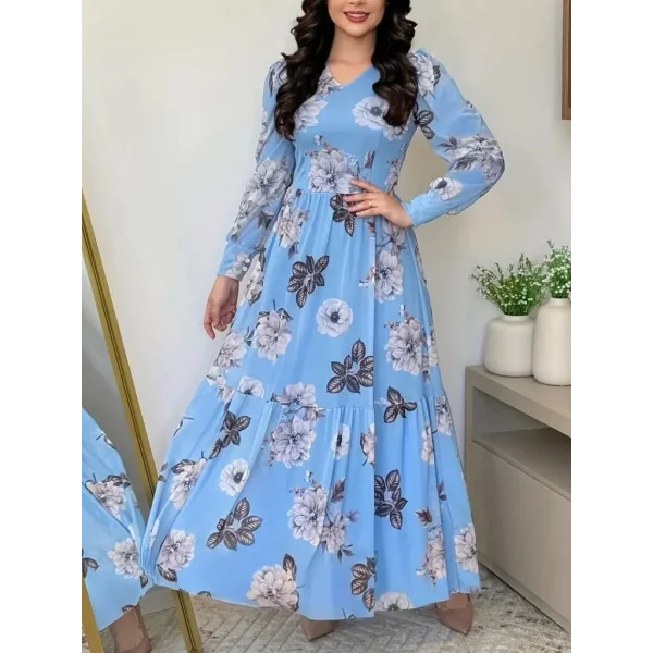 Kadın Uzun Kollu V Yakalı çiçek Desenli Maxi Süprem Elbise