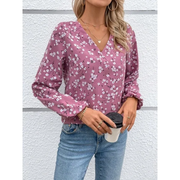 Kadın Uzun Kollu V Yakalı çiçek Desenli Modal Bluz