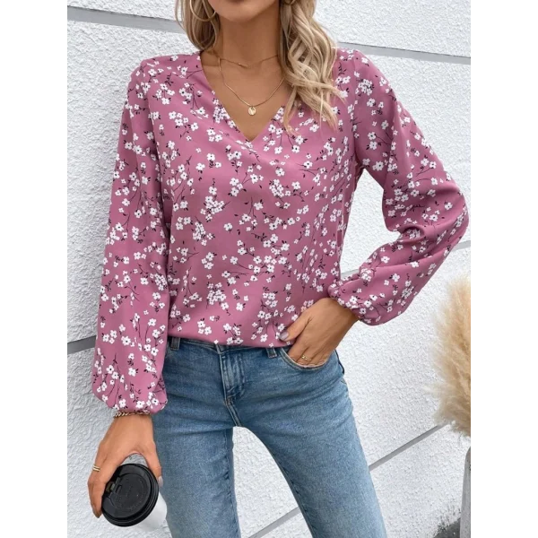 Kadın Uzun Kollu V Yakalı çiçek Desenli Modal Bluz