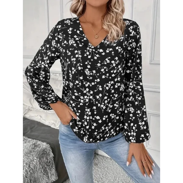 Kadın Uzun Kollu V Yakalı çiçek Desenli Modal Bluz