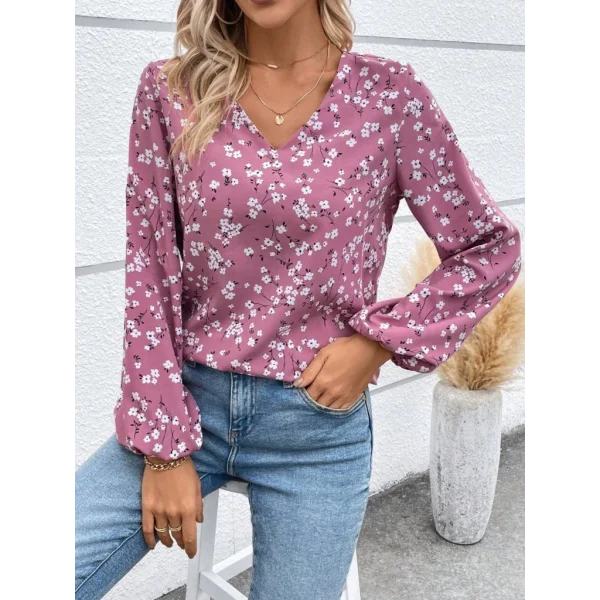 Kadın Uzun Kollu V Yakalı çiçek Desenli Modal Bluz