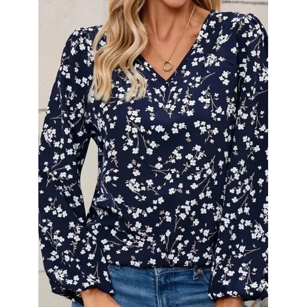 Kadın Uzun Kollu V Yakalı çiçek Desenli Modal Bluz
