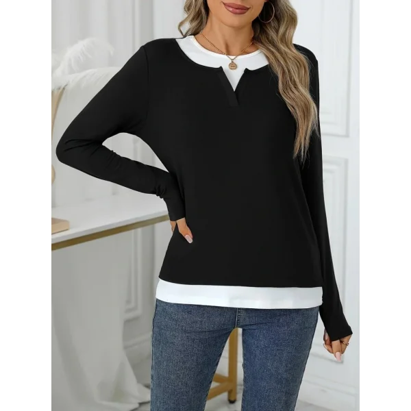 Kadın Uzun Kollu V Yakalı çift Renkli Viskon Iki Iplik Bluz