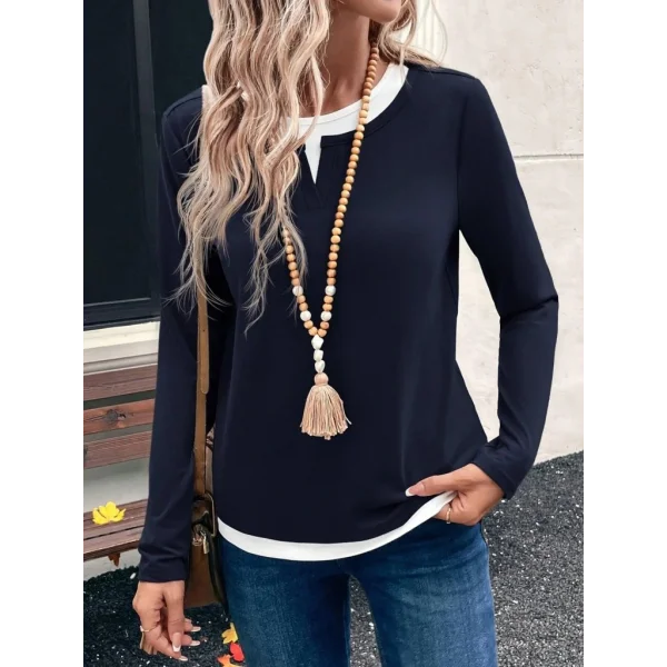 Kadın Uzun Kollu V Yakalı çift Renkli Viskon Iki Iplik Bluz