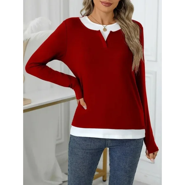 Kadın Uzun Kollu V Yakalı çift Renkli Viskon Iki Iplik Bluz