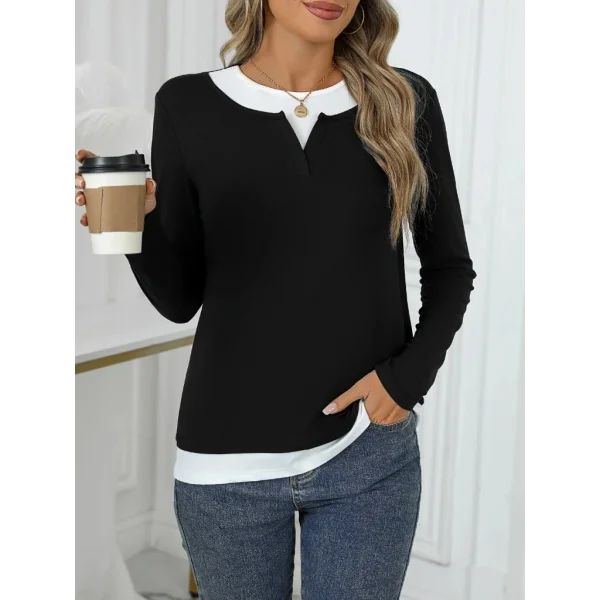 Kadın Uzun Kollu V Yakalı çift Renkli Viskon Iki Iplik Bluz