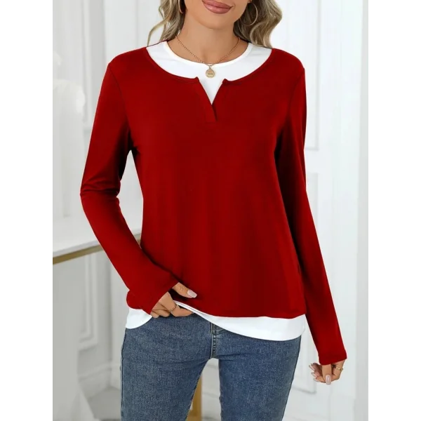 Kadın Uzun Kollu V Yakalı çift Renkli Viskon Iki Iplik Bluz