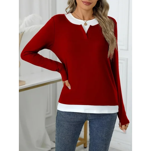 Kadın Uzun Kollu V Yakalı çift Renkli Viskon Iki Iplik Bluz