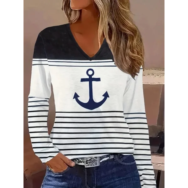 Kadın Uzun Kollu V Yakalı çıpa Desenli şardonlu Dalgıç Bluz