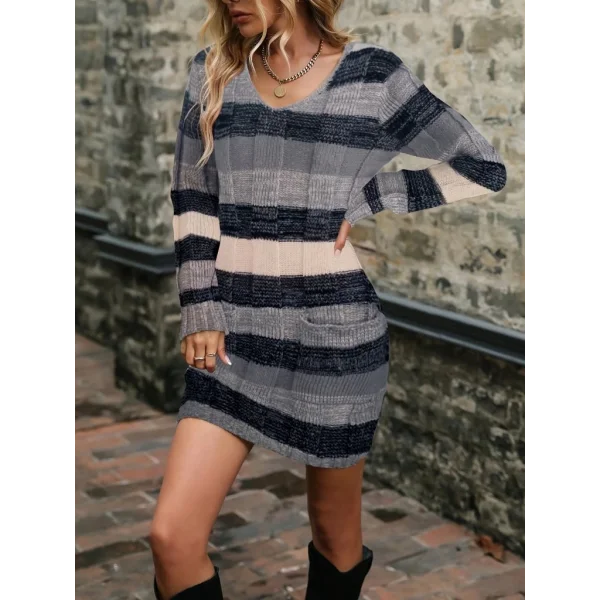 Kadın Uzun Kollu V Yakalı çizgili çok Renkli Triko Mini Elbise