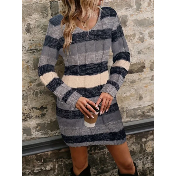 Kadın Uzun Kollu V Yakalı çizgili çok Renkli Triko Mini Elbise