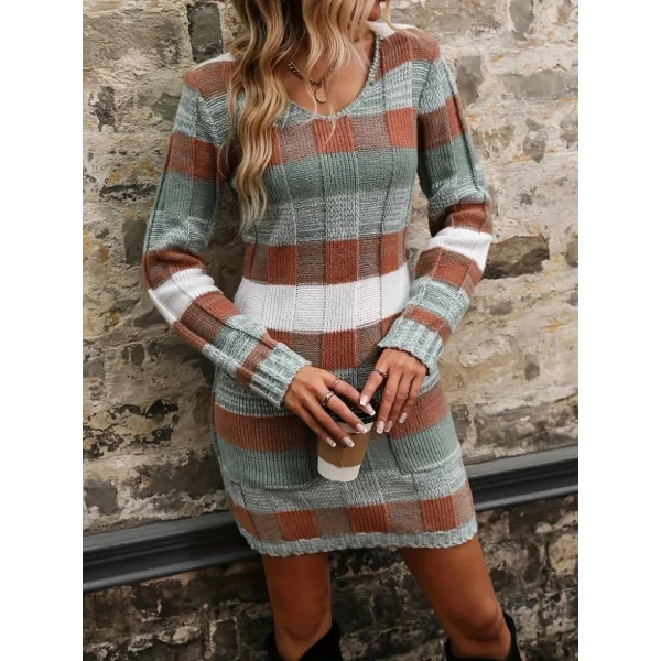 Kadın Uzun Kollu V Yakalı çizgili çok Renkli Triko Mini Elbise