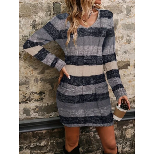 Kadın Uzun Kollu V Yakalı çizgili çok Renkli Triko Mini Elbise