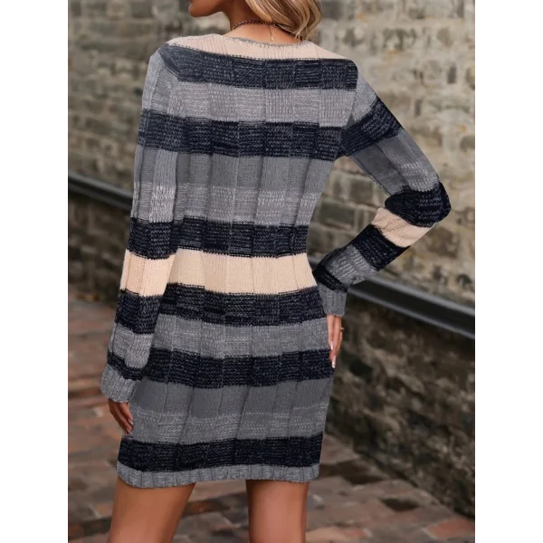 Kadın Uzun Kollu V Yakalı çizgili çok Renkli Triko Mini Elbise