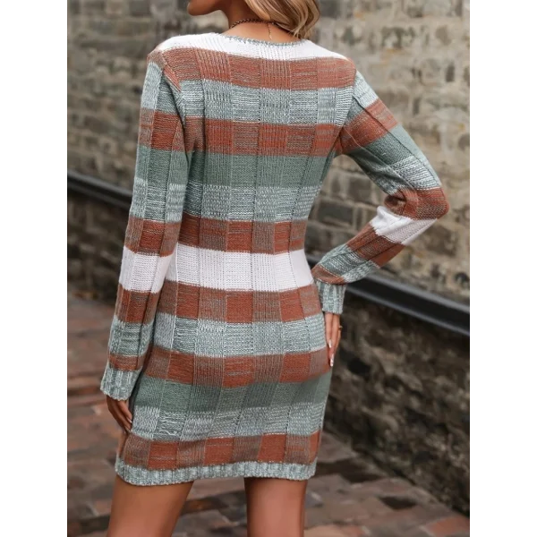 Kadın Uzun Kollu V Yakalı çizgili çok Renkli Triko Mini Elbise