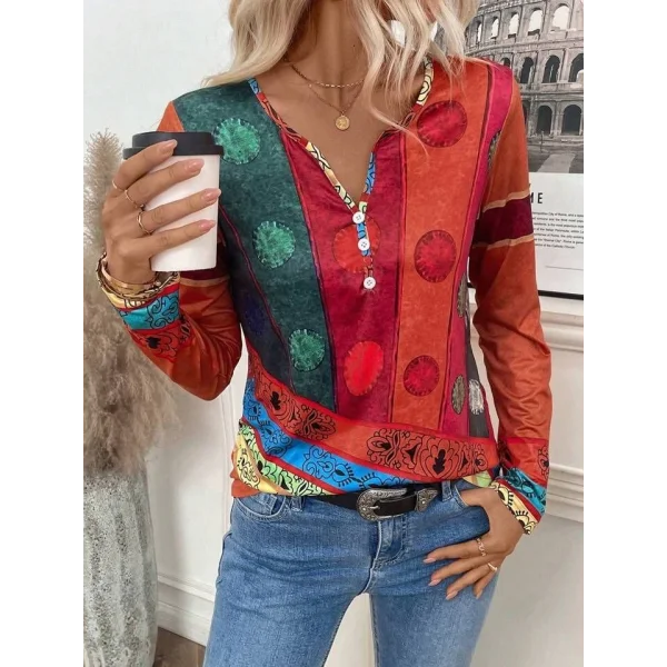 Kadın Uzun Kollu V Yakalı çok Renkli Süprem Bluz