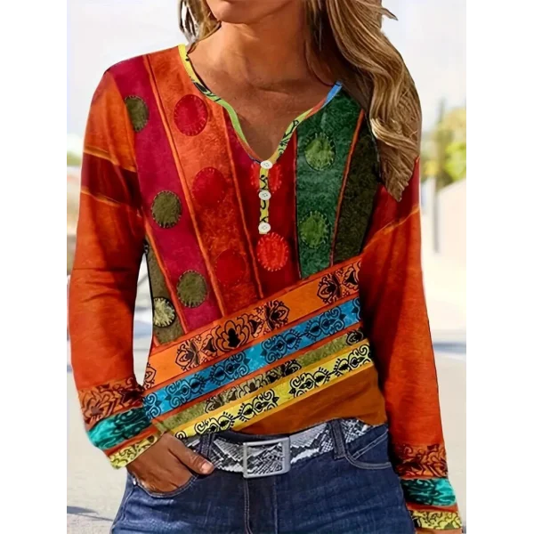 Kadın Uzun Kollu V Yakalı çok Renkli Süprem Bluz