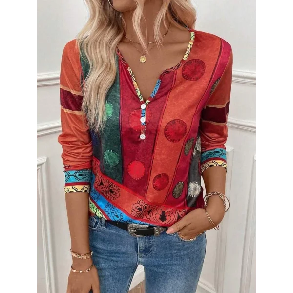 Kadın Uzun Kollu V Yakalı çok Renkli Süprem Bluz