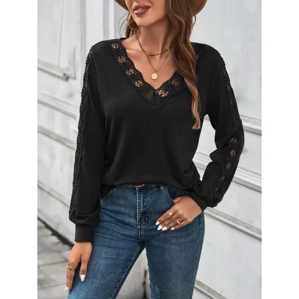 Kadın Uzun Kollu V Yakalı Dantel Detaylı Viskon Bluz