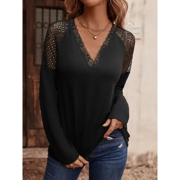 Kadın Uzun Kollu V Yakalı Dantel Detaylı Viskon Bluz