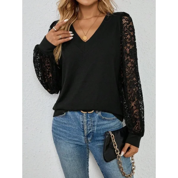 Kadın Uzun Kollu V Yakalı Dantelli Viskon Iki Iplik Bluz