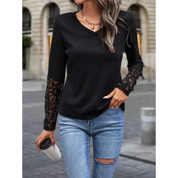 Kadın Uzun Kollu V Yakalı Dantelli Waffle Bluz
