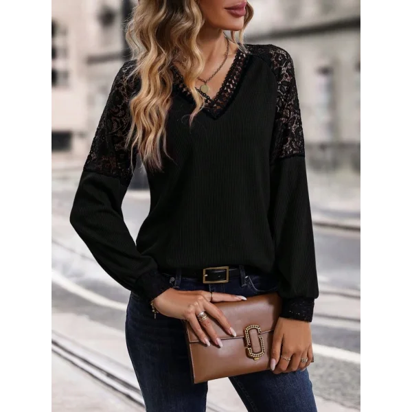 Kadın Uzun Kollu V Yakalı Dantelli Waffle Bluz