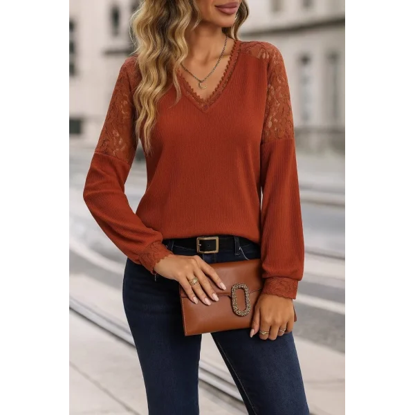 Kadın Uzun Kollu V Yakalı Dantelli Waffle Bluz