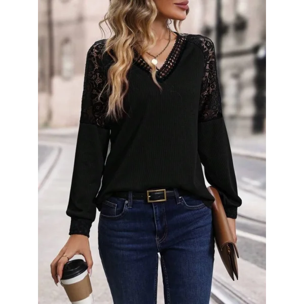 Kadın Uzun Kollu V Yakalı Dantelli Waffle Bluz
