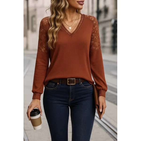 Kadın Uzun Kollu V Yakalı Dantelli Waffle Bluz
