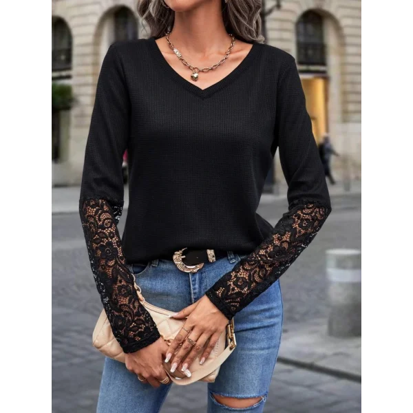 Kadın Uzun Kollu V Yakalı Dantelli Waffle Bluz