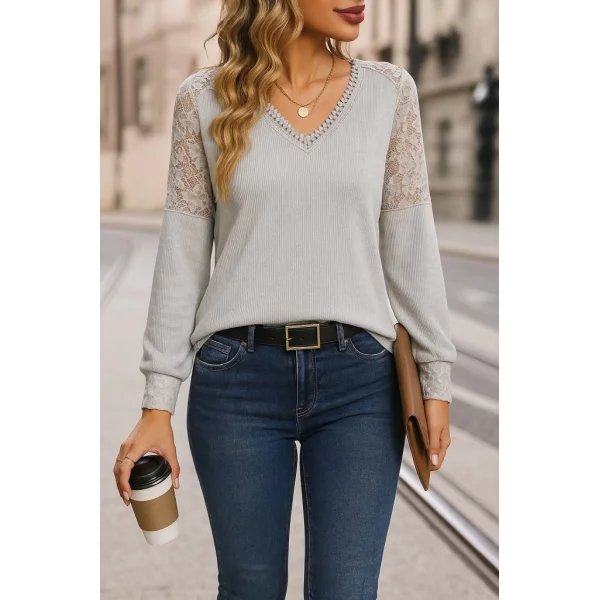 Kadın Uzun Kollu V Yakalı Dantelli Waffle Bluz